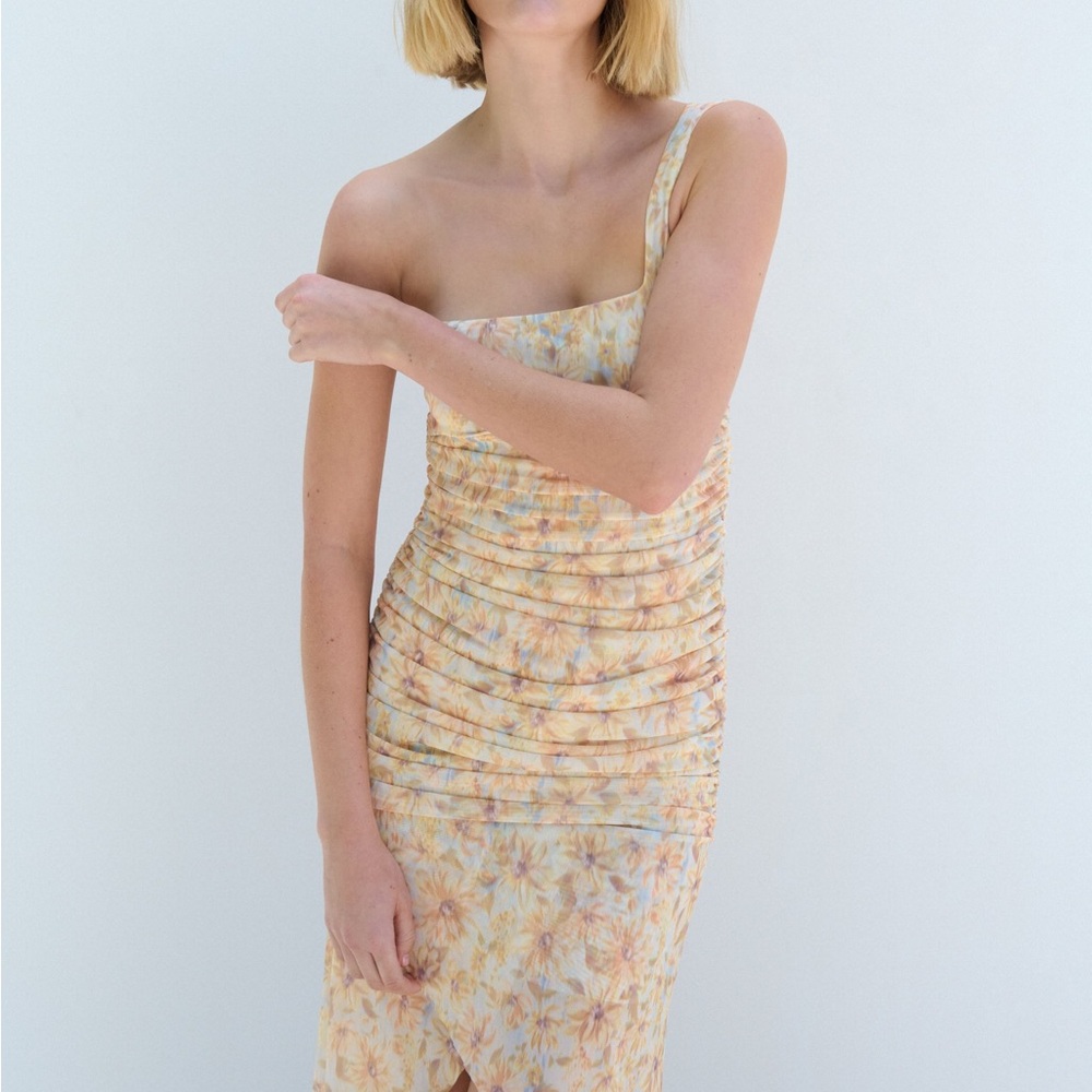 Zara One-Shoulder Floral Dress in Soft Yellow